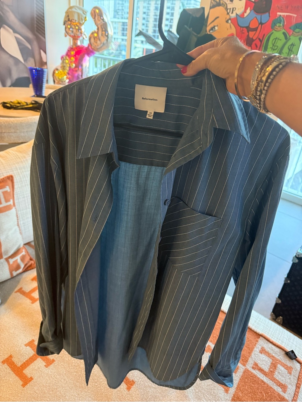 Reformation Slate Blue Pinstripe Shirt Jacket